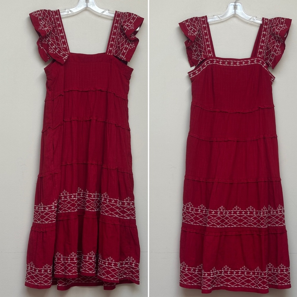 Knox Rose Red Embroidered Ruffle Sleeve Tiered Midi Dress – Size XS
